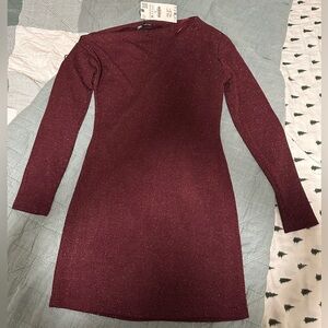 Zara Deep Maroon Knit with Metallic Thread One Shoulder Mini Dress